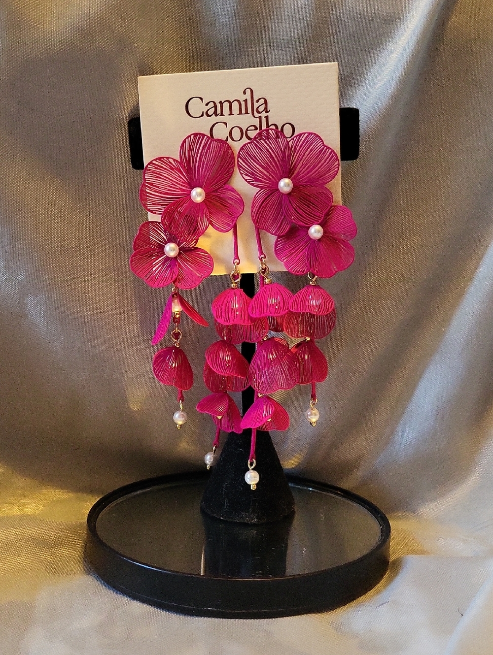 Camila Coelho Fuchsia Floral Drop Earrings Faux Pearl  Te